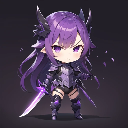 chibi, solo, armor, long hair, 1girl, purple eyes, weapon, purple hair, holding, looking at viewer, artist name, standing, full body, frown, sword, shoulder armor, black armor, closed mouth, pauldrons, v-shaped eyebrows, gradient background, gradient, boots, holding weapon, gauntlets, knife<lora:chibi1.5v1:1>