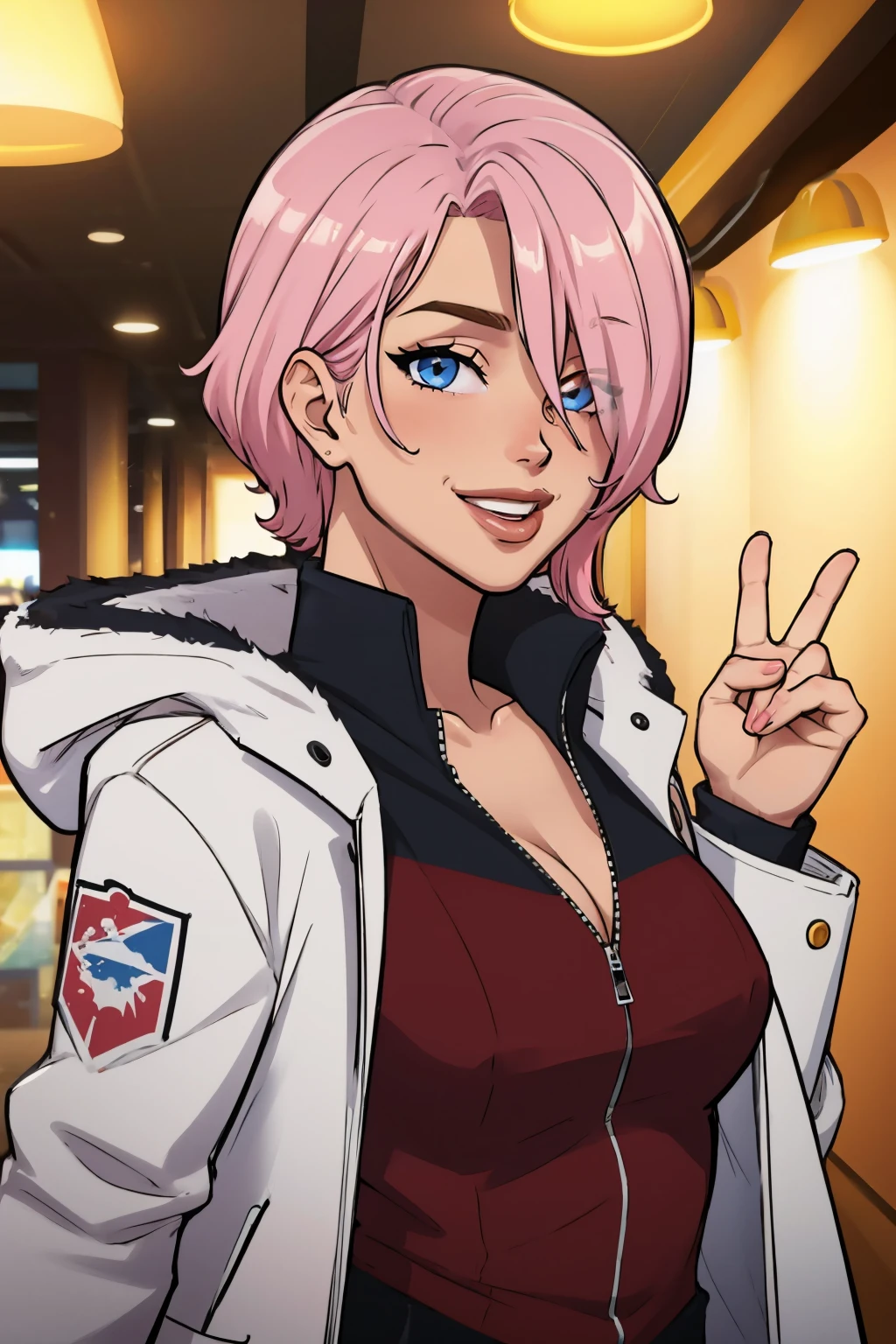 (masterpiece, best quality:1.2), <lora:mrpotatoparty:1>, mrpotatoparty, 1girl, solo, pink hair, hair over one eye, breasts, jacket, blue eyes, cleavage, parted lips, smile