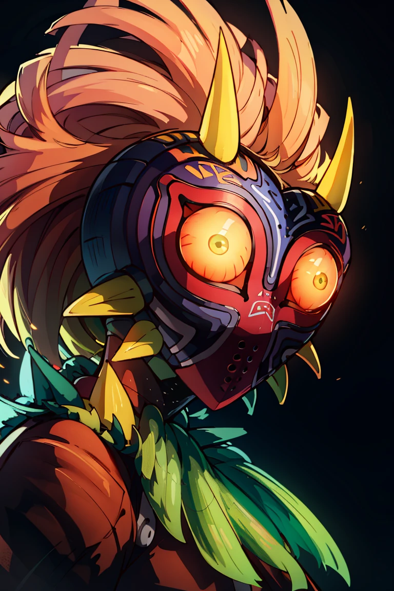 ((masterpiece,best quality)), absurdres,
<lora:Majora_Zelda:0.8>, Majora_Zelda, looking at viewer, simple background, no humans, black background, glowing eyes, spikes, upper body, portrait, long horns,