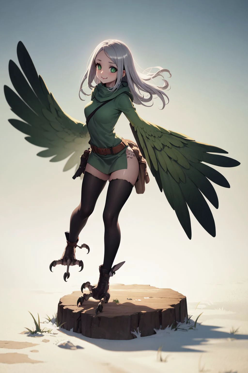 solo, mature female, (harpy:1), :3, silver hair, dark green eyes, full body, frontlighting, outdoors, nature, detailed background <lora:monstergirl_cpt_v05.09:1>