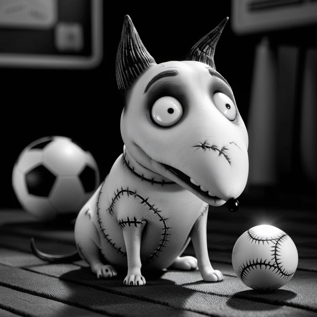 Frankenweenie1024, a cartoon small dog with a scare on the nose, play with a ball, highly detailed, photography, ultra sharp, film, bokeh, professional, 64k <lora:add-detail-xl:1.5> <lora:Frankenweenie1024:0.6>
