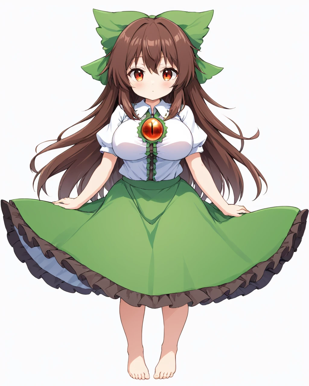 reiuji utsuho,1girl, solo, green_bow, hair_bow, green_skirt, large_breasts, white_background, barefoot, third_eye, white_shirt, simple_background, collared_shirt, puffy_short_sleeves, blush, full_body, wariza, looking_at_viewer, closed_mouth, frilled_skirt
<lora:reiuji_utsuho_image6498_2023-12-20-000005:1>,star-shaped_pupils,symbol-shaped_pupils,. gorgeous,key visual, vibrant, studio anime,award-winning, professional, highly detailed,high budget, cinemascope