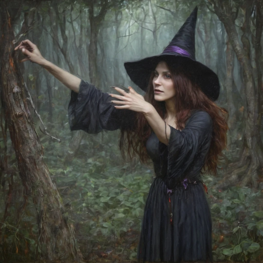 Waterhouse painting of beautiful realistic witch woman with realistic hands at magical forest <lora:Waterhouse_painting_style:1>