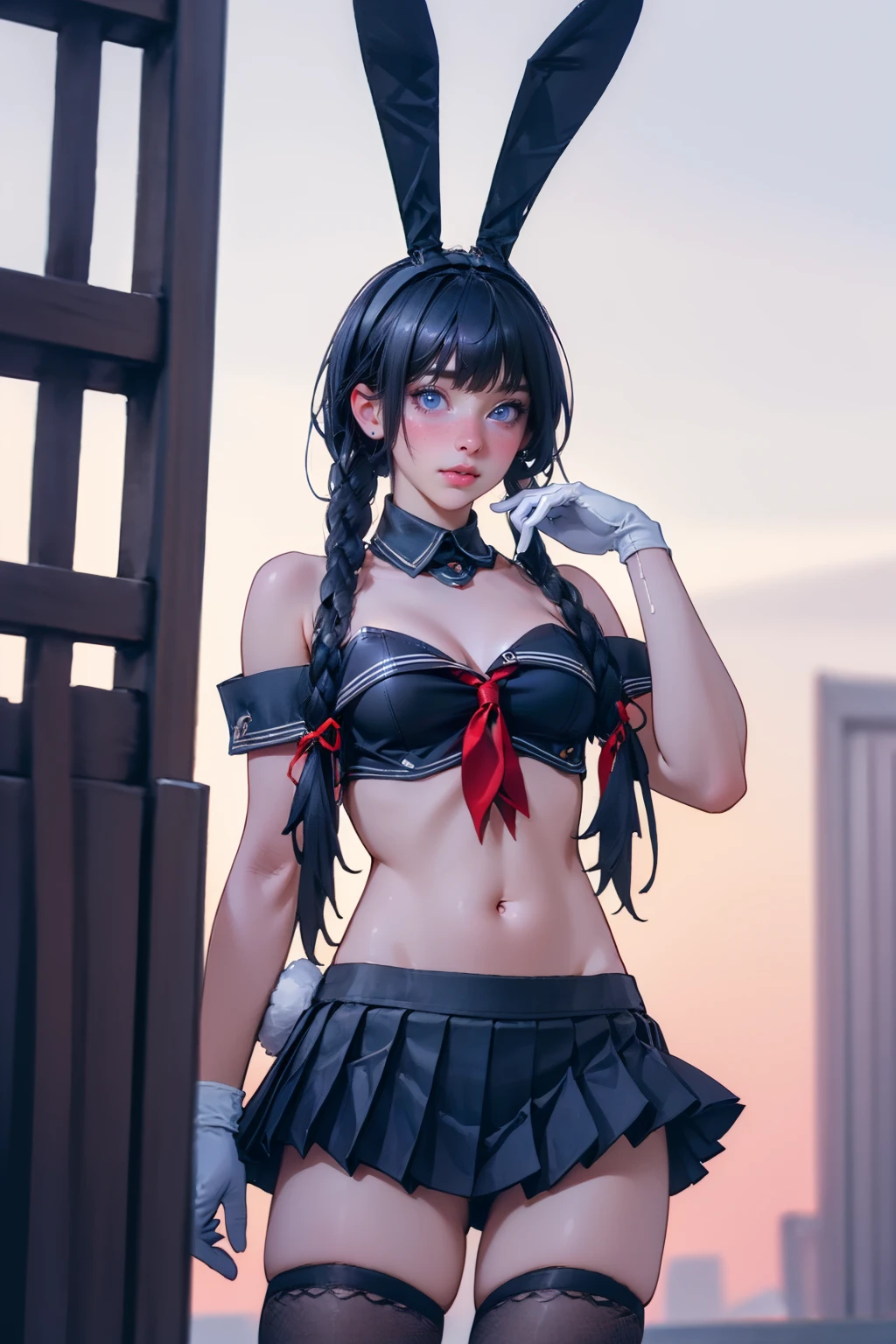 1girl,solo,cowboy shot,outdoors,<lora:GoodHands-æbeta2:1>,medium breasts,<lora:School Uniform Bunny Girl_v1:0.7>, ruanyi0002,rabbit ears,navel,pleated skirt,, (8k, RAW photo, best quality, masterpiece:1.3),(realistic, photo-realistic:1.37),realistic skin texture,(photorealistic:1.3),(hyperrealistic:1.2), 1 cute girl,solo,( beautiful eyes:1.2),perfect face