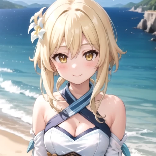 ((masterpiece)),(best quality),official art,extremely detailed CG,unity 8k wallpaper,ultra detailed,A lighthouse on a cliff by the sea,1girl,solo,upper body,(portrait:1.2),looking at viewer,lumine (genshin impact),blonde hair,hair flower,hair ornament,yellow eyes,white dress,detached sleeves,short hair with long locks,white flower,bare shoulders,smile,white thighhighs,bangs,frills,blush,medium breasts,long sleeves,sidelocks,halterneck,cleavage,hair between eyes,zettai ryouiki,white sleeves,see-through,feather hair ornament,<lora:Lumine(gen)>,