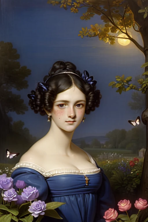 (Portrait), (medium shot:1.2), 19yo girl Sitting at the table, outdoor terrace. 1800s girl's costume clothes. 
The scene is painted in oil in a romantic style, with shades of blue-violet, magenta and lilac enveloping the night garden in a magical atmosphere. The moonlight gently illuminates the tree and flowers, creating an ethereal and mysterious atmosphere. Moths flutter around the flowers, attracted by their sweet fragrance, while fireflies blink softly, he adds., Freckles, Hazel eyes, Oil painting, Romanticism style, ((Better Hands))