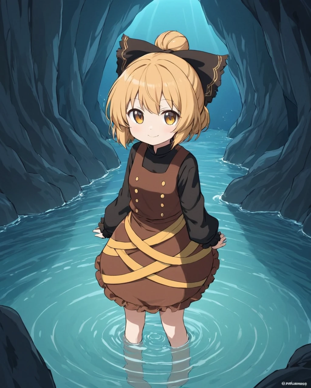 kurodani yamame,1girl, solo, cave, smile, long_sleeves, brown_dress, hair_bow, one-hour_drawing_challenge, wading, black_bow, twitter_username, looking_at_viewer, water, yellow_ribbon, black_shirt, closed_mouth, single_hair_bun, standing
<lora:kurodani_yamame_image2914_2023-12-17-000008:1>,star-shaped_pupils,symbol-shaped_pupils,. gorgeous,key visual, vibrant, studio anime,award-winning, professional, highly detailed,high budget, cinemascope