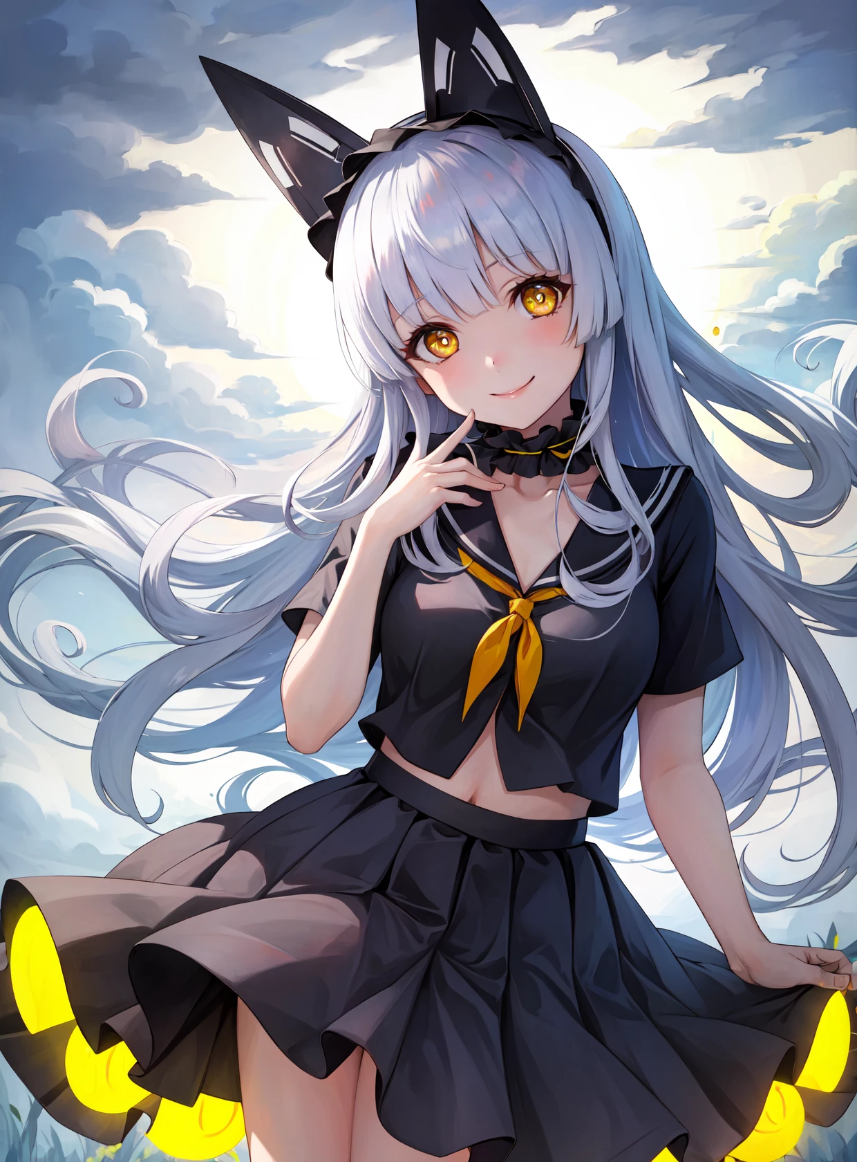 masterpiece, best quality, highres,
ObserverDef, 1girl, solo, long hair, white hair, yellow eyes, breasts, smile, bangs, brown eyes, very long hair, hairband, headgear, frilled choker,
school uniform, serafuku, pleated skirt, seifuku,
<lora:LoRA_Alpha:1>, forest, sunlight, cloudy, standing, cowboy shot, head tilt, looking at viewer,