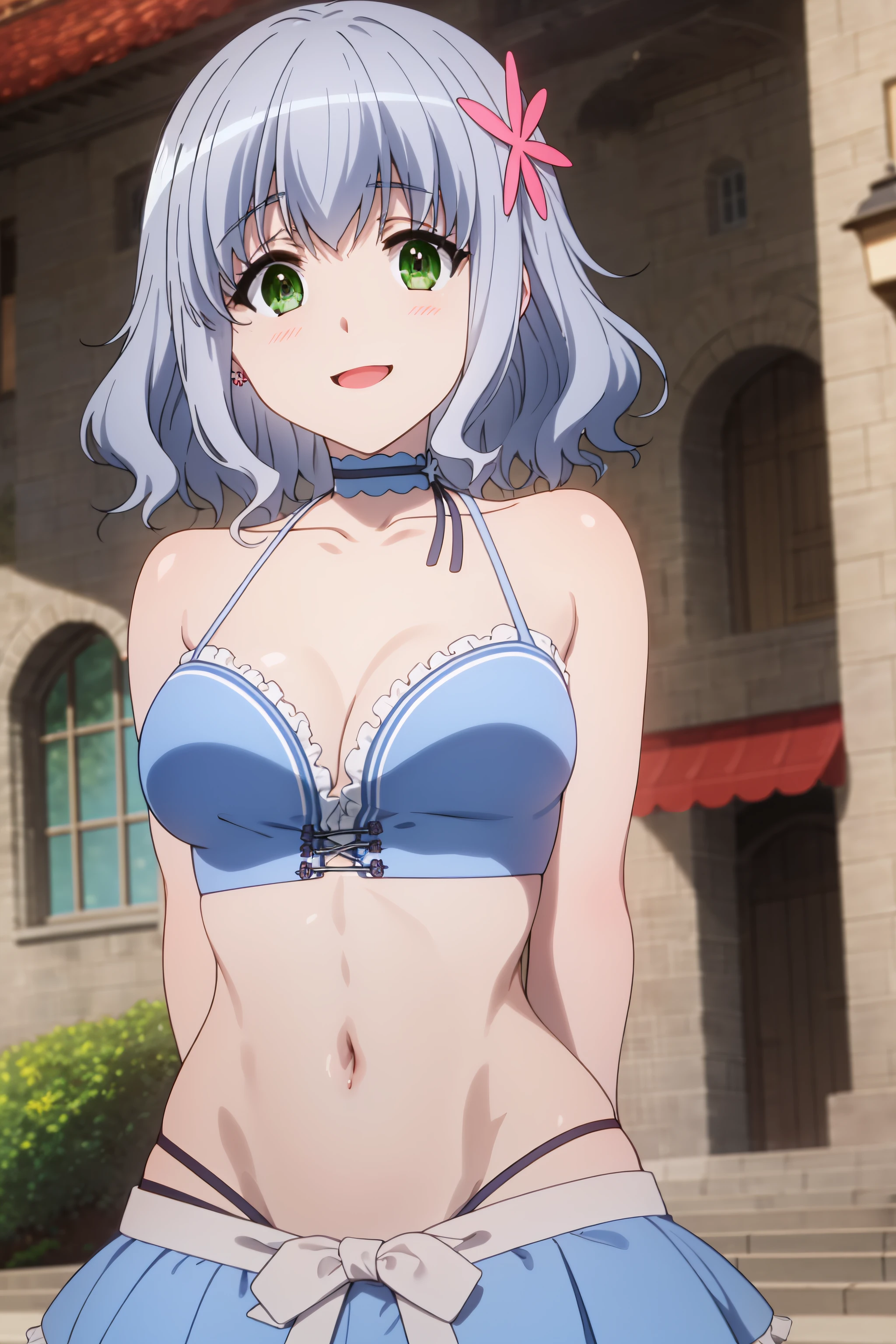 best quality, masterpiece, detailed,
<lora:AmagiBrilliantPark_Muse:0.8>, MuseAmagi,
light smile, blush, open mouth,
grey hair, green eyes, short hair, hair ornament,
MuseDress, blue choker, midriff, blue skirt, wrist cuffs,
standing, arms behind back, (looking at viewer:1.2),
outdoors, castle