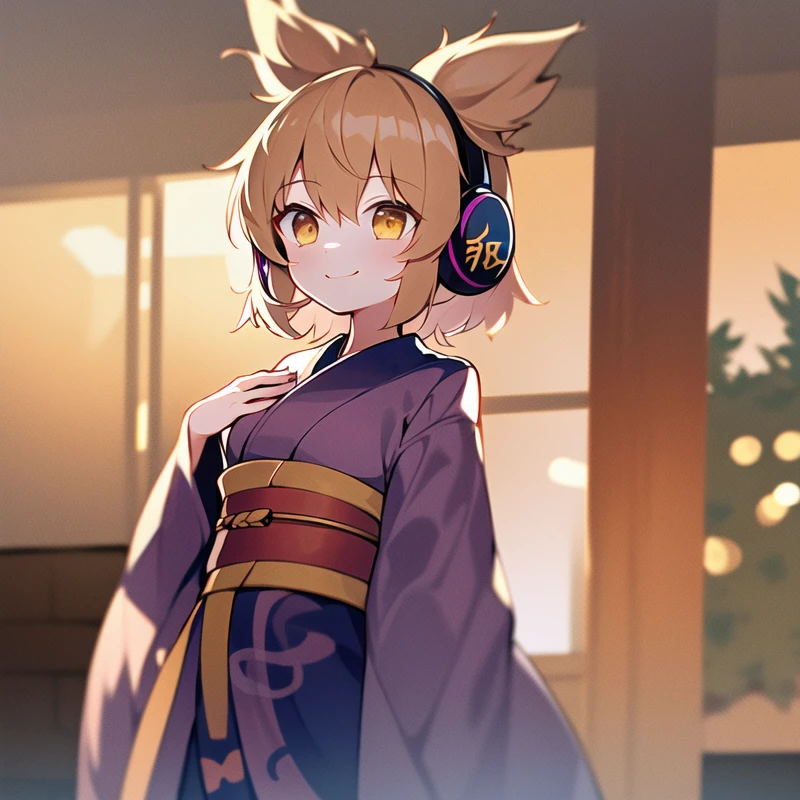 1girl, solo, masterpiece, best quality, illustration, absurdres, cute, film_grain, extremely detailed face, perfect lighting, smile, cowboy shot, <lora:toyosatomimi_no_miko:0.8>, miko_taoist, toyosatomimi no miko, short hair, pointy hair, earmuffs, bangs, small breasts, blonde hair, brown hair, brown eyes, yellow eyes, yukata, kimono,