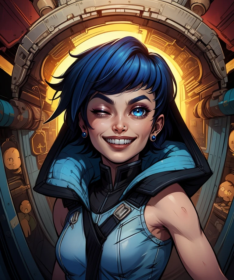 Ava,short blue hair,blue eyes, nose ring,
jacket,sleeveless,one eye closed,smile teeth,
standing,upper body,
spaceship,
(insanely detailed, beautiful detailed face, masterpiece, best quality),<lora:Ava-10BD3:0.6>,