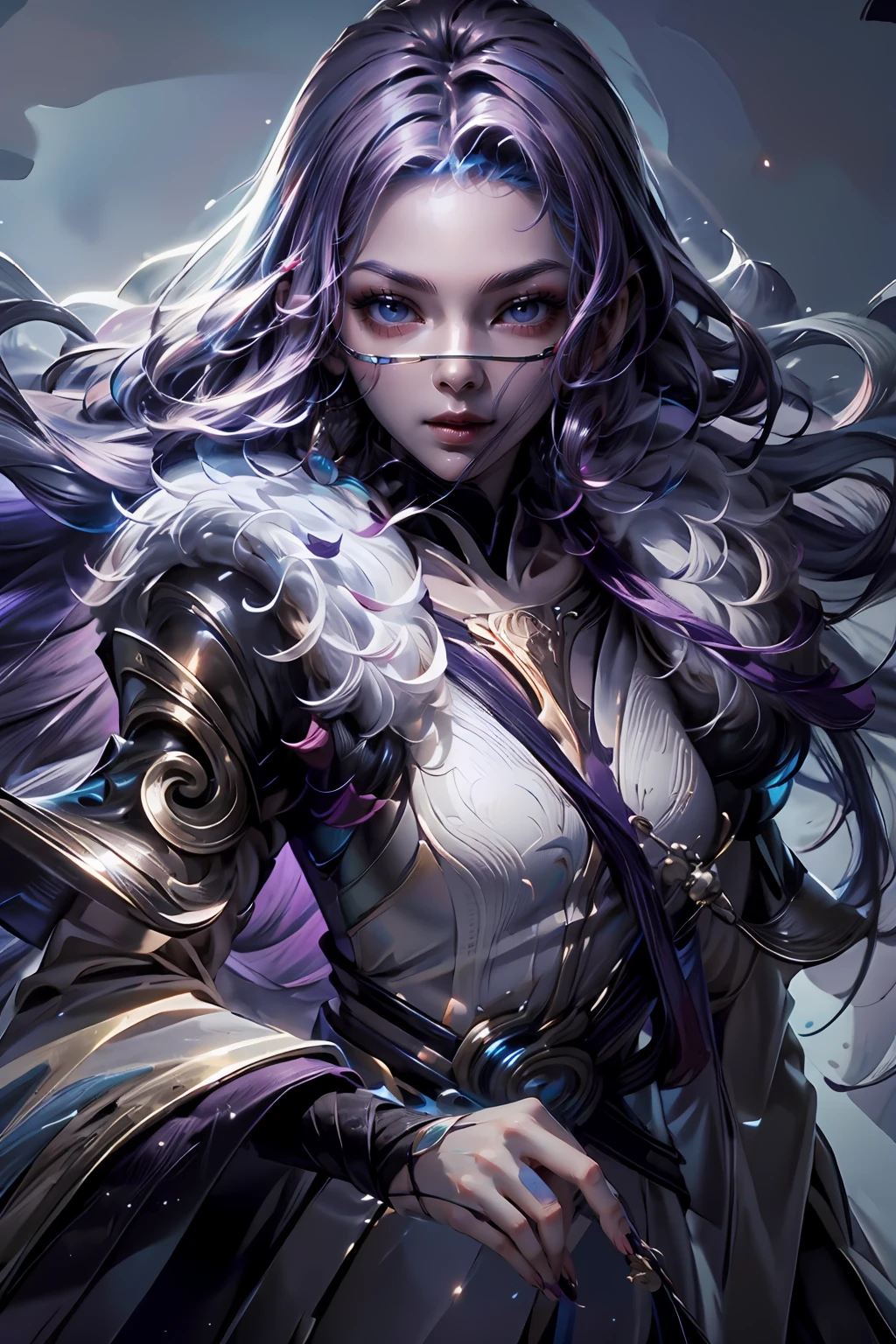 1girl,(masterpiece:1.4, best quality),medium breasts,(intricate details),unity 8k wallpaper,ultra detailed,(pastel colors:1.3),beautiful and aesthetic,detailed,solo, purple hair, luo_yi_ml, mouth veil <lora:luo_yi_ml-08:1> <lora:add_detail:0.7>
