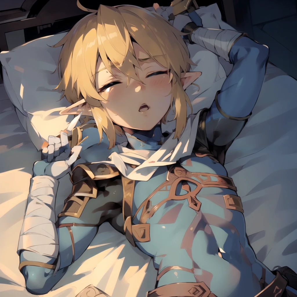 (masterpiece), (best quality),
detailed face,
linksheikah, 1boy, solo, bandaged_arm, bandaged_hand, bandages, bed, blush, bodysuit, lying, open_mouth, short_hair, sleeping <lora:Link_Sheikah_Armor_Set_LoRA:0.75>