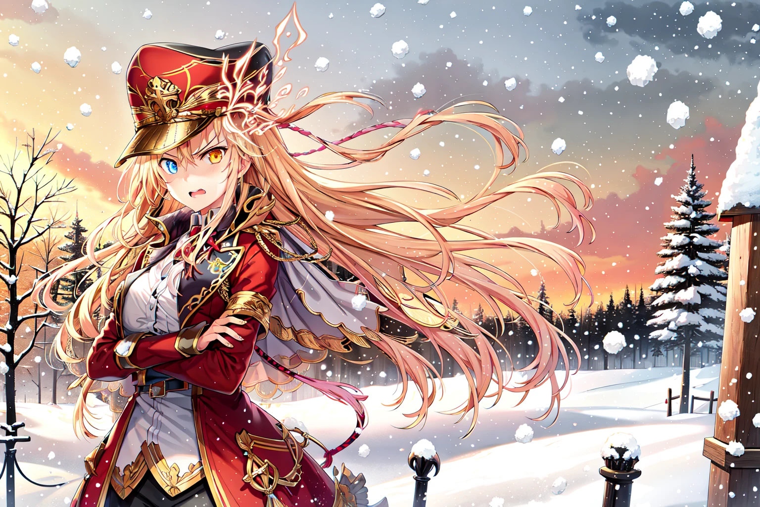 masterpiece, best quality, 1girl, solo, riverta_\(wiz\), heterochromia, hat, angry, crossed arms, cowboy shot, looking at viewer, standing, snowing, grey sky, bare tree, <lora:riverta_v3:0.8>
