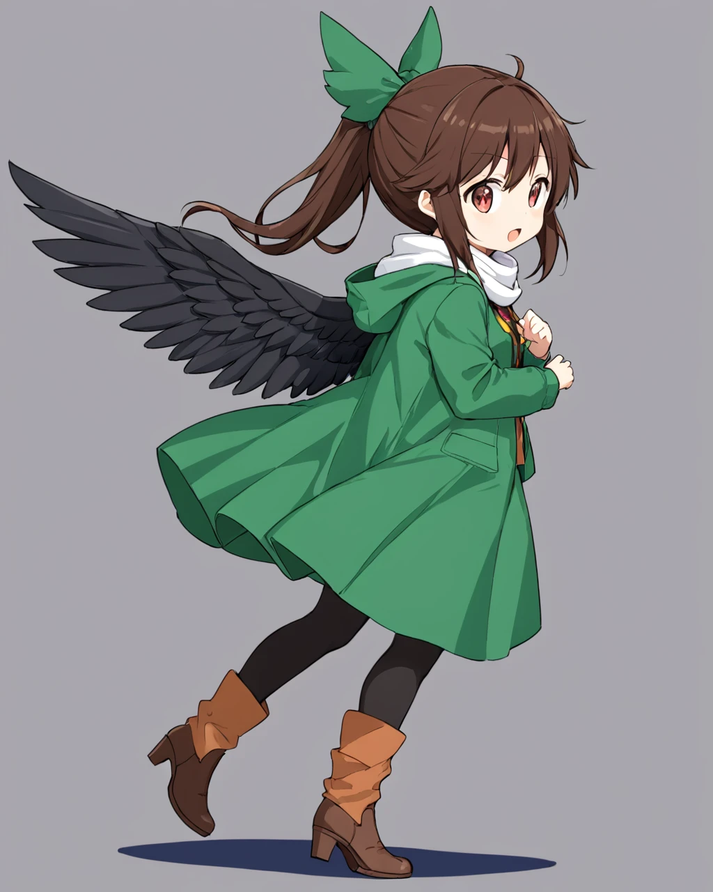 reiuji utsuho,1girl, solo, green_bow, open_mouth, looking_at_viewer, hair_bow, full_body, from_side, long_sleeves, hood, grey_background, contemporary, simple_background, alternate_costume, ponytail, bird_wings, scarf, black_wings, green_skirt, jacket, backpack, casual, :d, high_heel_boots, brown_footwear, pants, ankle_boots, one-hour_drawing_challenge, black_pantyhose, standing
<lora:reiuji_utsuho_image6498_2023-12-20-000005:1>,star-shaped_pupils,symbol-shaped_pupils,. gorgeous,key visual, vibrant, studio anime,award-winning, professional, highly detailed,high budget, cinemascope