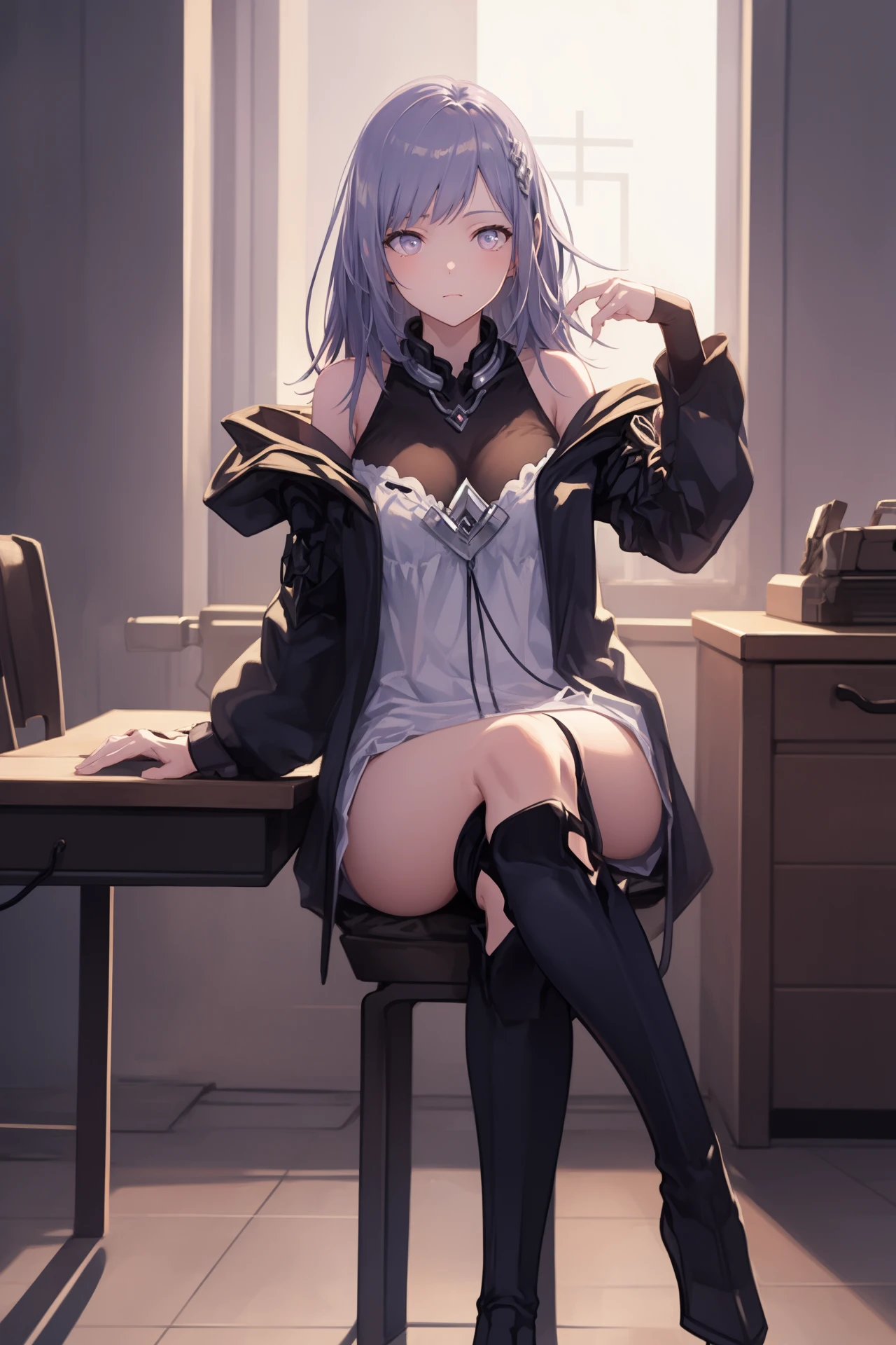 masterpiece, best quality, <lora:TeresaIronsagaV1:0.8> teresa irs, necklace, black thigh boots, dress, large breasts, hallway, cowboy shot, hand to hip, looking at viewer, sitting on desk, (crossing legs:1.3), white panties, slender