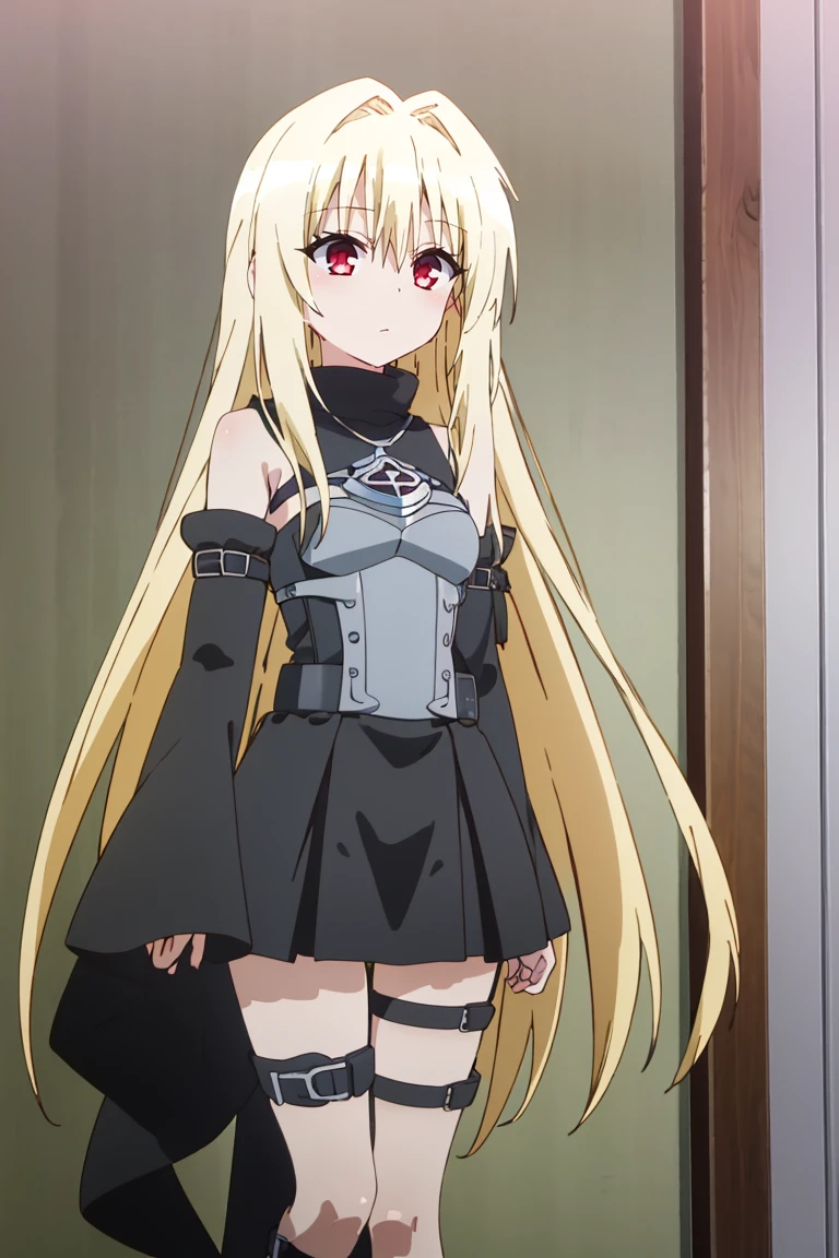 <lora:Prisma_CAT_Lora_v1:0.8>, ((masterpiece,best quality)), absurdres, (finely detailed beautiful eyes: 1.2), phyami, yaminor, 1girl, solo, blonde hair, long hair, red eyes, thigh strap, very long hair, detached sleeves, black dress, <lora:yami-v1:1.0>,
