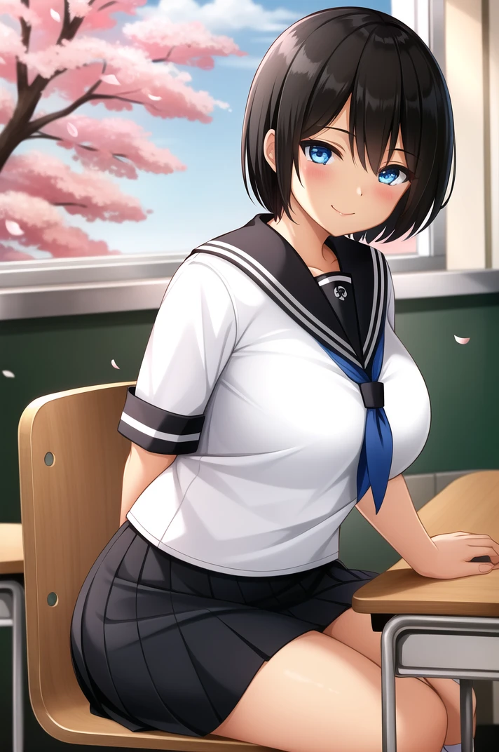 (masterpiece), high quality, (detailed background:1.3), 1girl, solo,
<lora:Summer-v2-07:0.8>, ChopioSummer, black hair, short hair, blue eyes, (dark-skinned female:1.2), (looking at viewer:1.3),
large breasts,
outfit_2, serafuku, white shirt, sailor collar, short sleeves, pleated skirt, black skirt, black kneehighs,
school, classroom, desks, leaning on desk,
seductive smile, sitting, window, sunny, cherry blossoms, falling petals,