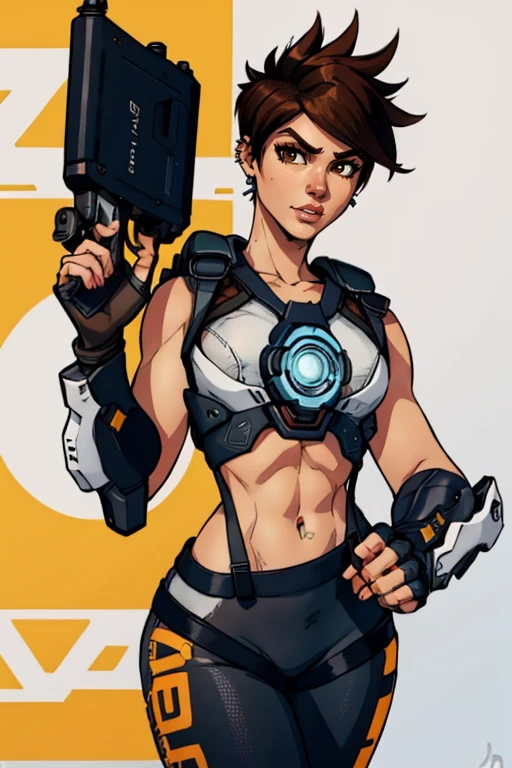 masterpiece,best quality,extreme detail,8k,image sharpness,<lora:Tracer-10:0.8>, Tracer2,1girl,solo,breasts,short hair,bangs,brown hair,gloves,navel,holding,brown eyes,jewelry,medium breasts,weapon,cowboy shot,earrings,parted lips,sleeveless,solo focus,black gloves,midriff,pants,signature,fingerless gloves,bag,holding weapon,blurry,lips,crop top,gun,bodysuit,piercing,backpack,spiked hair,holding gun,clothes writing,handgun,nose,harness,chest harness,finger on trigger,
