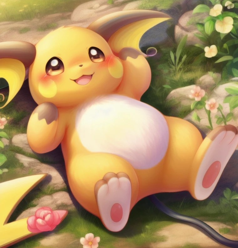 Masterpiece,high quality,beautiful landscape,raichu,solo,no human,happy,pokemon \(creature\) ,flower,on back,blush,full body,