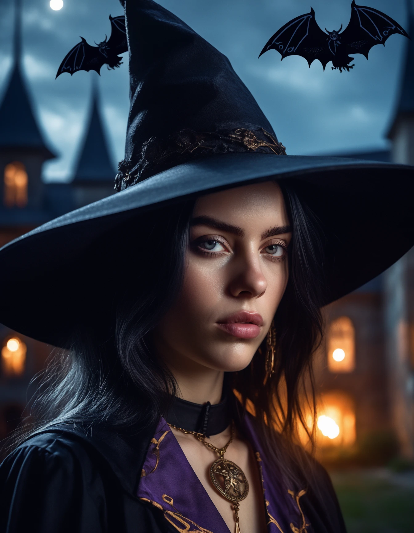 cinematic photo hyper realistic portrait painting, beautifully rendered, gorgeous (((ohwx woman))) witch with a hat, moonlight, bats, castle in the background, painted by greg rutkowski, wlop, artgerm, dishonored 2 <lora:billie_dh128_lora_v2:1.1> . 35mm photograph, film, bokeh, professional, 4k, highly detailed