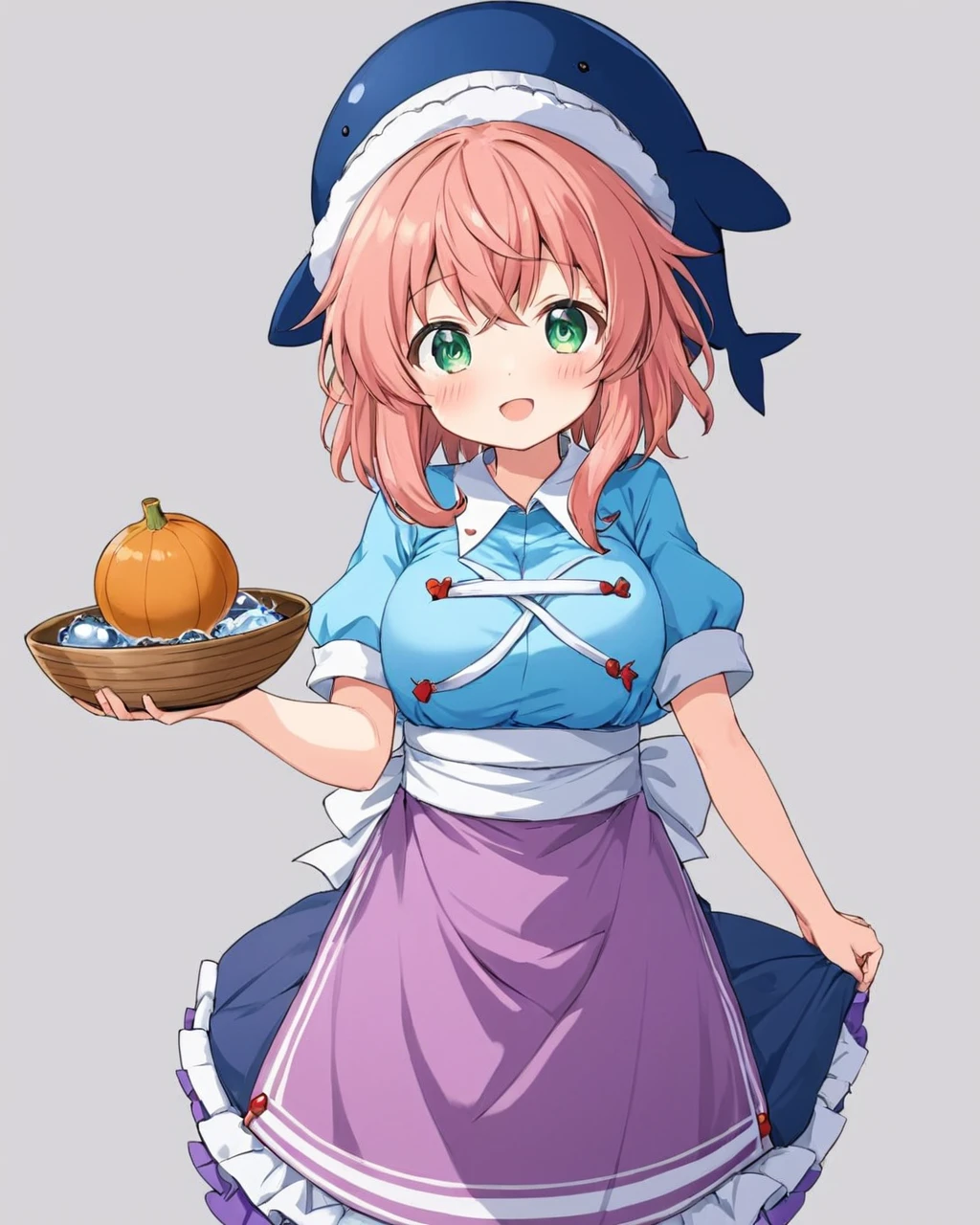 okunoda miyoi,1girl, solo, blue_shirt, sakazuki, sake, short_sleeves, looking_at_viewer, holding, open_mouth, purple_skirt, hat, fish_print, simple_background, gourd, blush, medium_breasts, apron, grey_background, blue_headwear, :o, standing, ofuda
<lora:okunoda_miyoi_image445_2023-12-20-000010:1>,star-shaped_pupils,symbol-shaped_pupils,. gorgeous,key visual, vibrant, studio anime,award-winning, professional, highly detailed,high budget, cinemascope