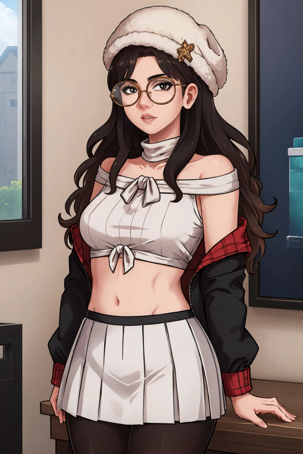 (masterpiece, best quality:1.2), <lora:housechores:1>, housechores, 1girl, solo, skirt, long hair, black hair, midriff, navel, hat, pantyhose, off shoulder, jacket, glasses, looking at viewer, crop top, open clothes, sleeveless, shirt, bare shoulders, breasts, open jacket, parted lips, sleeveless shirt, black-framed eyewear, white shirt, long sleeves, white skirt, cowboy shot, pleated skirt, semi-rimless eyewear, miniskirt, stomach, medium breasts, black eyes, very long hair, sleeveless turtleneck, under-rim eyewear, brown headwear, black pantyhose, ribbed shirt