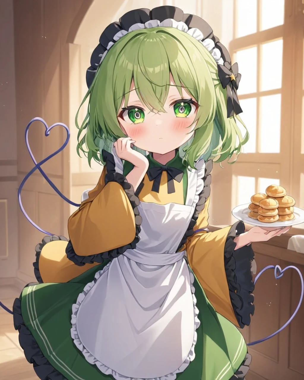 komeiji koishi,1girl, solo, third_eye, wide_sleeves, blush, pastry_bag, long_sleeves, looking_at_viewer, holding, food_on_face, yellow_shirt, closed_mouth, frilled_sleeves, yellow_bow, heart_of_string, maid_headdress, white_apron, ribbon, :t, green_skirt, icing, black_bow, cream, enmaided, hand_on_own_face, buttons, hair_bow
<lora:komeiji_koishi_image10724_2023-12-20-000004:1>,star-shaped_pupils,symbol-shaped_pupils,. gorgeous,key visual, vibrant, studio anime,award-winning, professional, highly detailed,high budget, cinemascope