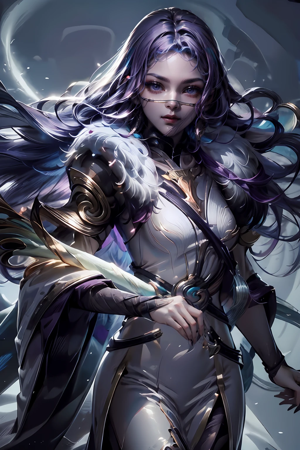 1girl,(masterpiece:1.4, best quality),medium breasts,(intricate details),unity 8k wallpaper,ultra detailed,(pastel colors:1.3),beautiful and aesthetic,detailed,solo, medium shot,  purple hair, luo_yi_ml, mouth veil <lora:luo_yi_ml-08:1> <lora:add_detail:0.7>