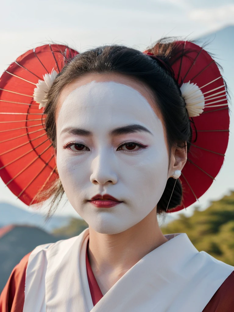 <lora:rnk-29:1> rnk,japanese Kepatsu hair, wearing red japanese dress,close-up,white painted face,front view,masterpiece,blue sky,8k,uhd,soft lighting