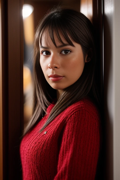 h011ym4ri3c0mb5 in a plaid top and is standing in a doorway with her hand on her hip, <lora:Holly_Marie_Combs_PMv1_Lora:1.5>,, ((Close-Up)), high quality photography, 3 point lighting, flash with softbox, 4k, Canon EOS R3, hdr, smooth, sharp focus, high resolution, award winning photo, 80mm, f2.8, bokeh, detailed skin texture, (blush:0.5), (goosebumps:0.5), subsurface scattering