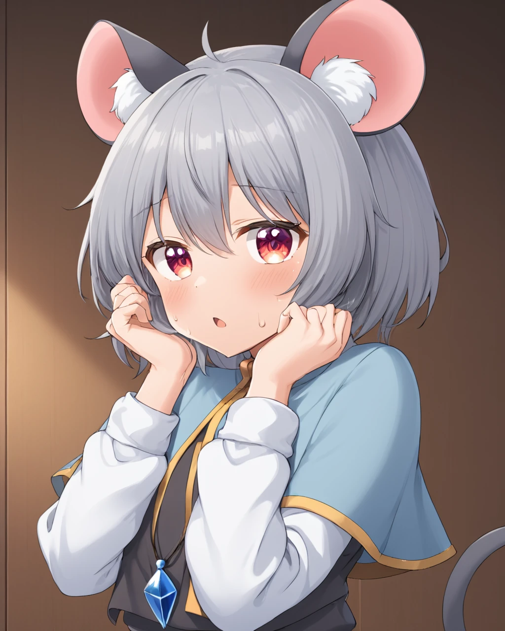 nazrin,1girl, solo, blush, mouse_tail, open_mouth, capelet, @_@, long_sleeves, white_shirt, looking_at_viewer, hands_on_own_cheeks, mouse_girl, cowboy_shot, grey_skirt, vest, pendant, sweat, skirt_set
<lora:nazrin_image9511_2023-12-20-000006:1>,star-shaped_pupils,symbol-shaped_pupils,. gorgeous,key visual, vibrant, studio anime,award-winning, professional, highly detailed,high budget, cinemascope