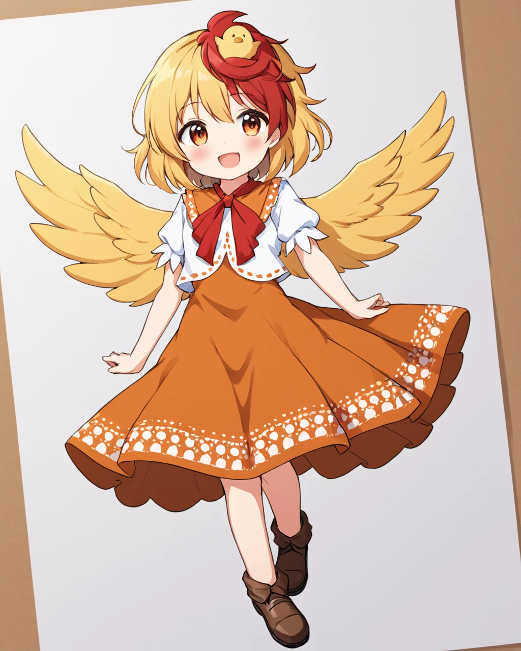 niwatari kutaka,1girl, orange_dress, chick, solo, bird_wings, open_mouth, bird_on_head, yellow_wings, short_sleeves, smile, feathered_wings, white_shirt, one-hour_drawing_challenge, tail_feathers, blush, brown_footwear, brown_dress, bird_tail
<lora:niwatari_kutaka_image1327_2023-12-20-000010:1>,star-shaped_pupils,symbol-shaped_pupils,. gorgeous,key visual, vibrant, studio anime,award-winning, professional, highly detailed,high budget, cinemascope