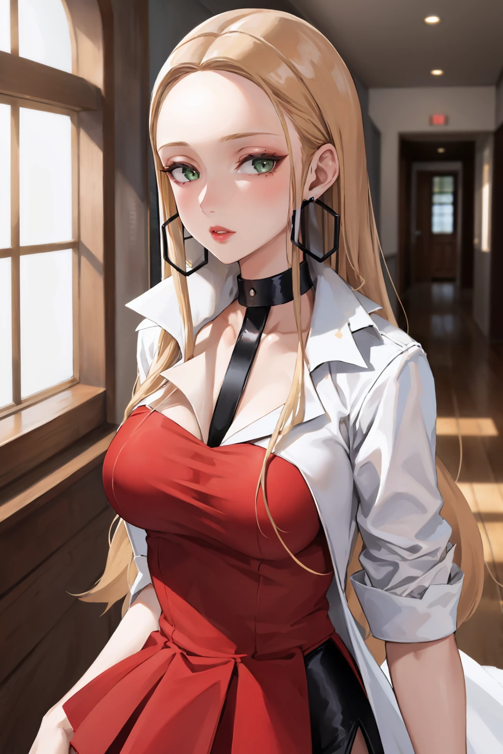 masterpiece, best quality, <lora:oleana-nvwls-v1-000010:1> oleana, long hair, sidelocks, choker, hoop earrings, lipstick, white coat, red shirt, black skirt, large breasts, looking at viewer, upper body, hallway,
