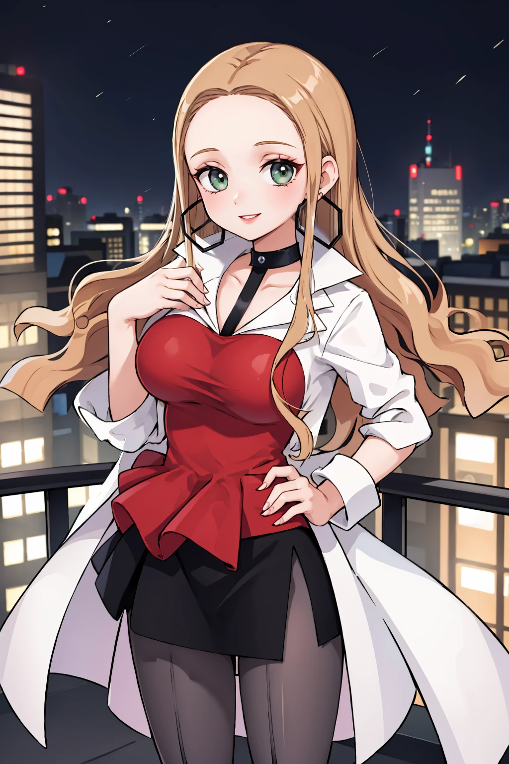 masterpiece, best quality, <lora:oleana-nvwls-v1-000010:0.9> oleana, long hair, sidelocks, choker, hoop earrings, lipstick, white coat, red shirt, black skirt, large breasts, pantyhose, high heels, from above, hands to hips, looking at viewer, smile, hand to heart, cityscape, night