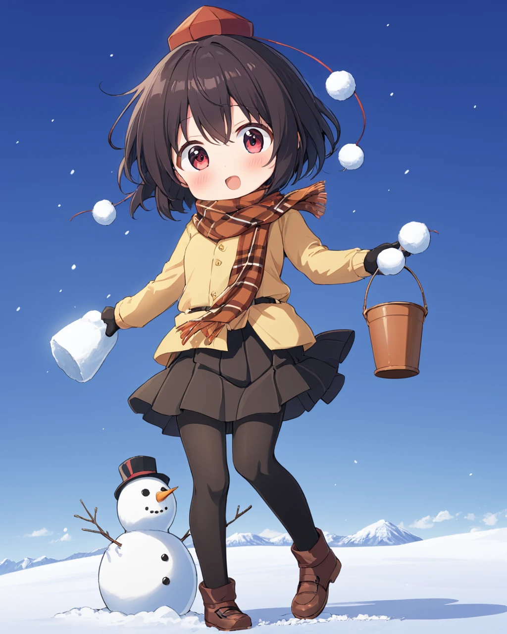 shameimaru aya,1girl, solo, looking_at_viewer, tokin_hat, skirt, snow, bucket, wariza, mittens, mary_janes, black_pantyhose, shirt, breath, blush, bobby_socks, plaid_scarf, snowman, open_mouth
<lora:shameimaru_aya_image5713_2023-12-20-000004:1>,star-shaped_pupils,symbol-shaped_pupils,. gorgeous,key visual, vibrant, studio anime,award-winning, professional, highly detailed,high budget, cinemascope