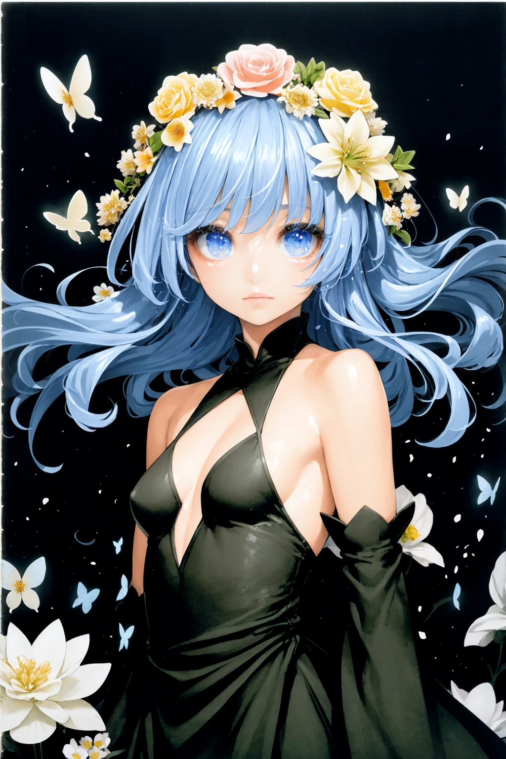 Maximalism artstyle,neon theme,ð,suprematism,beautiful detailed flower,hyper detailed,flower,hyper quality,flower and hair is same color,beautifuly color,face,her hair is becoming flower, flower,hair,flower,butterfly,,1girlkawaii,,high details, high quality,back light,hair and clothes is flower,upper body ,high quality,hair with body ,webbed dress, upper body, flower leg,body with flower,    flower with clothes , dress with flower, light particles,black background,  Hair with flower,small breast with flower,floating hair with flower,floating1girl,small breast,  marbling with hair and clothes, looking at viewer,original,arm down, paper cutting, black background, flower forground,  hair with flower,highres, hair with  flower,hair with flower ,hair,  wavy hair ,diffusion lighting, abstract,Butterfly with  body,   flower with hair, her hair is flower,big top sleeves, floating, [[hair over one eye]],dark <lora:ishikei_V73B:1>