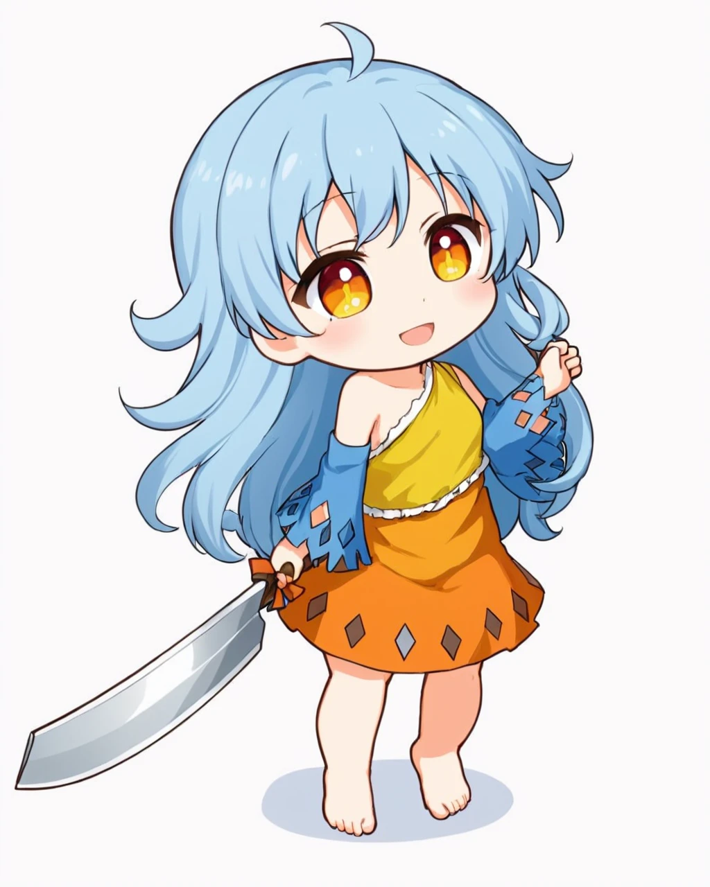 sakata nemuno,1girl, solo, nata_\(tool\), open_mouth, full_body, white_background, detached_sleeves, single_strap, fang, smile, orange_dress, simple_background, barefoot, holding, blue_sleeves, one-hour_drawing_challenge, multicolored_dress, standing, chibi, cleaver, bare_shoulders, looking_at_viewer, yellow_dress
<lora:sakata_nemuno_image573_2023-12-20-000015:1>,star-shaped_pupils,symbol-shaped_pupils,. gorgeous,key visual, vibrant, studio anime,award-winning, professional, highly detailed,high budget, cinemascope