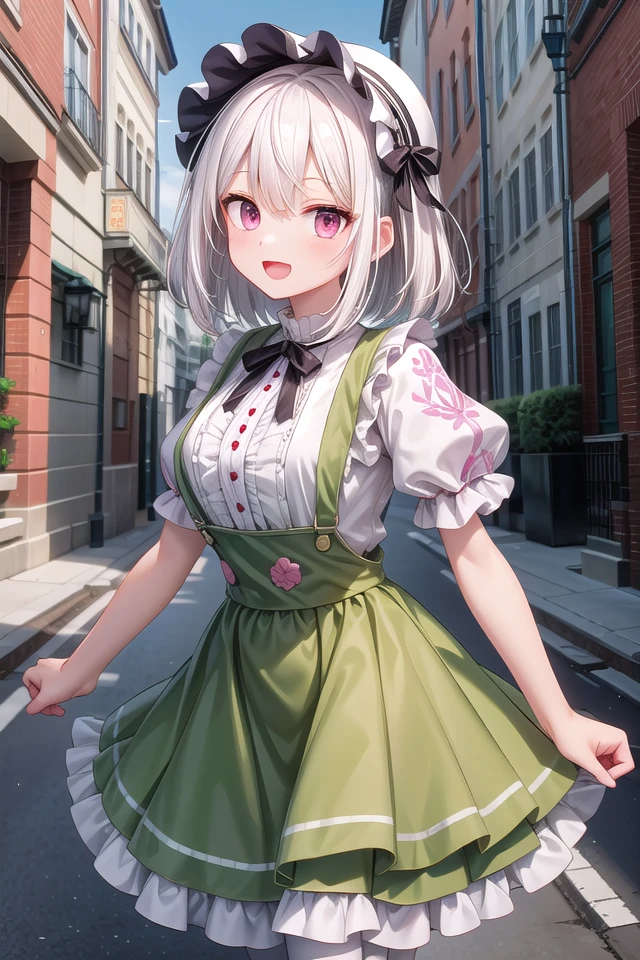 insanely detailed, absurdres, ultra-highres, ultra-detailed, best quality
BREAK
(white and light-green theme:1.4), ((gothic dress, classic and cute fashion):1.2), (light-green classic-bonnet on head:1.4), (fusion of light-green jumper-skirt and white blouse:1.5),
(light-green (overalls skirt, jumper-skirt) with white ruffles:1.4), (big light-green ribbon bow on skirt:1.4), ((short sleeves, bishop sleeves):1.3), (crinoline:1.2),
(oversized multilayer-skirt with ruffles:1.3), (white pantyhose:1.2), (Place multi-layered white ruffles on front of the skirt:1.3),
(garter belt:-1.4), (belt:-1.4), (-Metal fittings:1.4),
BREAK
(pink Detailed embroidery on skirt:1.4), (loafers:1.1),
BREAK
1 girl, solo, happy smile, laugh, open mouth,
BREAK
standing, cute pose, cowboy shot, looking at viewer,
slender, kawaii, perfect symmetrical face, ultra cute girl, ultra cute face, ultra detailed eyes, ultra detailed hair, ultra cute, ultra beautiful,
BREAK
(outdoor, in street, city, european street:1.3), ultra detailed background, (door:-1),
medium large breasts
BREAK
(white hair:1.3), medium hair, dark red eyes