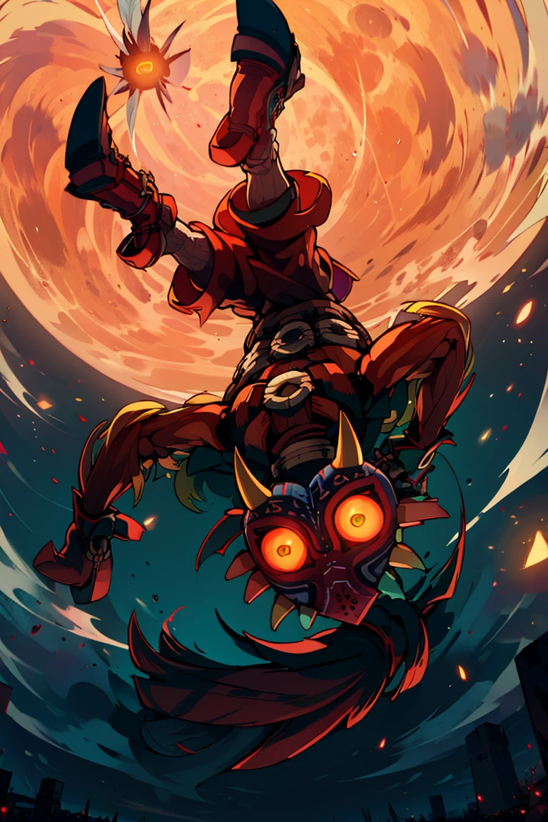 ((masterpiece,best quality)), absurdres,
<lora:Majora_Zelda:0.8>, Majora_Zelda, solo, 1boy, mask, horns, glowing eyes,
looking at viewer, full body, sky, belt, no humans, night, moon, feathers, red footwear, glowing eyes, full moon
from behind, head tilt, upside down,