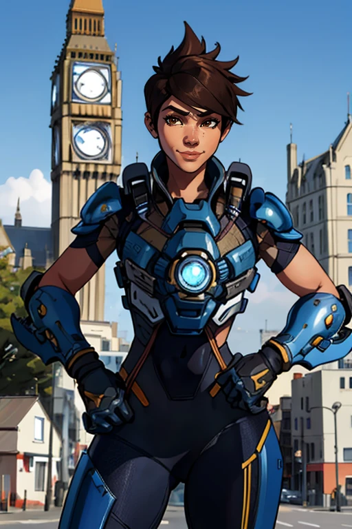 masterpiece,best quality,extreme detail,8k,image sharpness,<lora:Tracer-10:0.8>, Tracer2,1girl,solo,looking at viewer,smile,short hair,bangs,brown hair,gloves,hat,brown eyes,closed mouth,cowboy shot,outdoors,alternate costume,armor,blurry,lips,cosplay,bodysuit,blurry background,swept bangs,spiked hair,goggles,shoulder armor,building,pauldrons,hands on hips,alternate color,clock,vambraces,shoulder pads,police,harness,police uniform,policewoman,chest harness,clock tower,