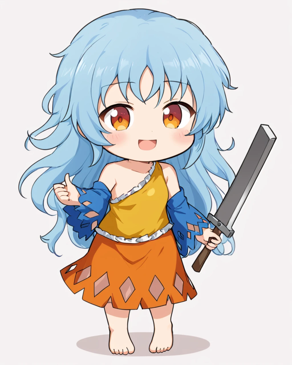 sakata nemuno,1girl, solo, nata_\(tool\), open_mouth, full_body, white_background, detached_sleeves, single_strap, fang, smile, orange_dress, simple_background, barefoot, holding, blue_sleeves, one-hour_drawing_challenge, multicolored_dress, standing, chibi, cleaver, bare_shoulders, looking_at_viewer, yellow_dress
<lora:sakata_nemuno_image573_2023-12-20-000015:1>,star-shaped_pupils,symbol-shaped_pupils,. gorgeous,key visual, vibrant, studio anime,award-winning, professional, highly detailed,high budget, cinemascope