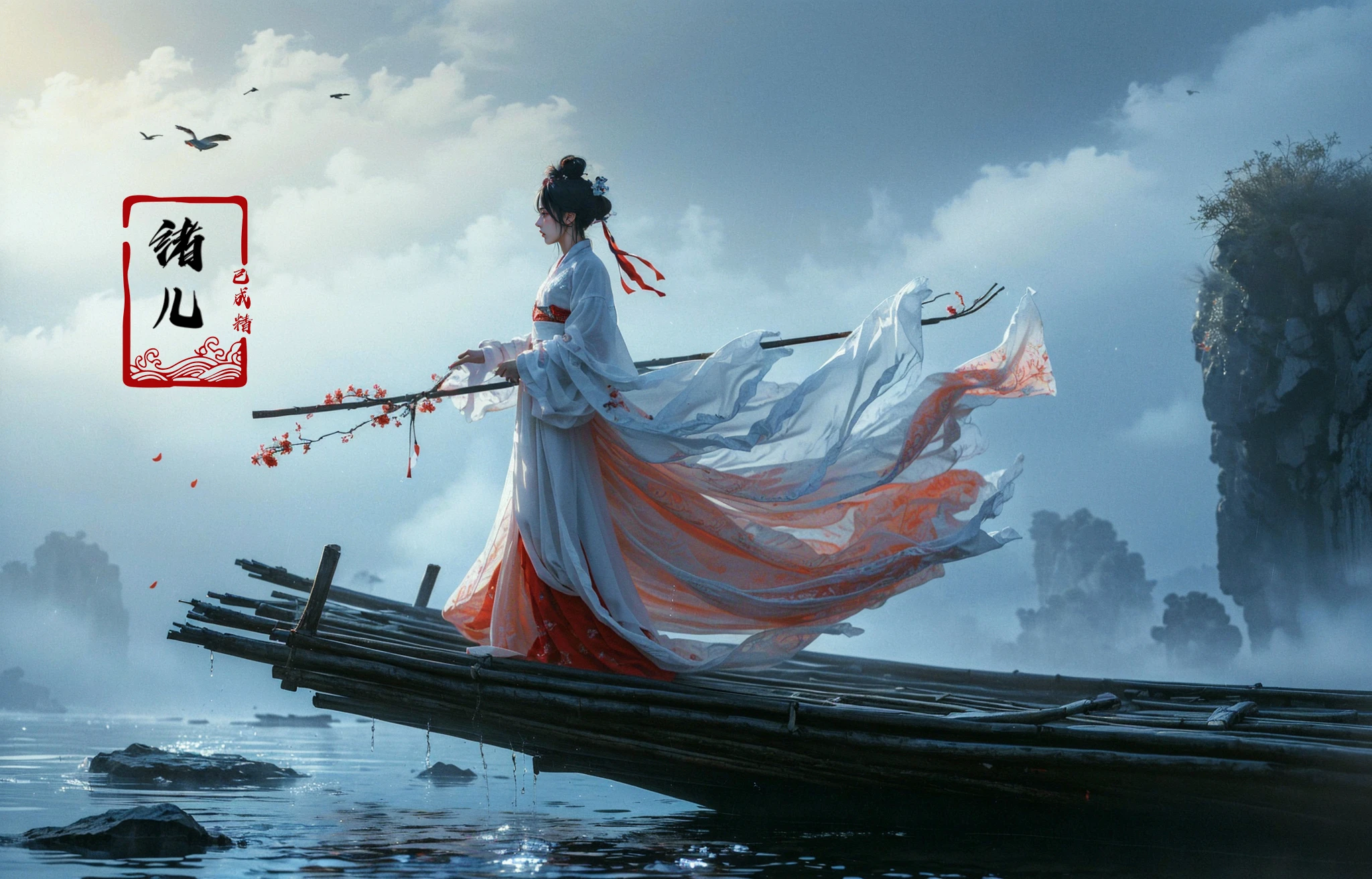 ((masterpiece))), (((best quality))), ((super detailed)), (highly detailed computer illustration), ((extremely delicate and beautiful)),
1girl, bird, solo, cloud, chinese clothes, rain, holding, watercraft, cloudy sky, sky, black hair, outdoors, hanfu, water, branch, hair bun, flower, standing, long sleeves, wide sleeves, hair ornament, sash, boat, from,
<lora:~Q?-z{O long raft with:0.8>
