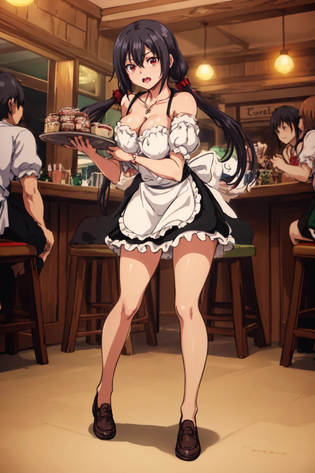 masterpiece, best quality, 1girl, solo, medieval tavern, fantasy, (full body:1.5), walking, (busy tavern, patrons:1.5), (carrying a tray of bottles:1.15), <lora:Residence_Anya_v2-000144:0.9:lbw=MIDD>, maid, german clothes, dirndl, cleavage, necklace, purple hair, low twintails, red eyes, hair between eyes, long hair, bare shoulders, black shoulder straps, open mouth, red scrunchie, large breasts, pointy breasts, covered nipples, apron, short skirt, bare legs, frills, brown loafers,