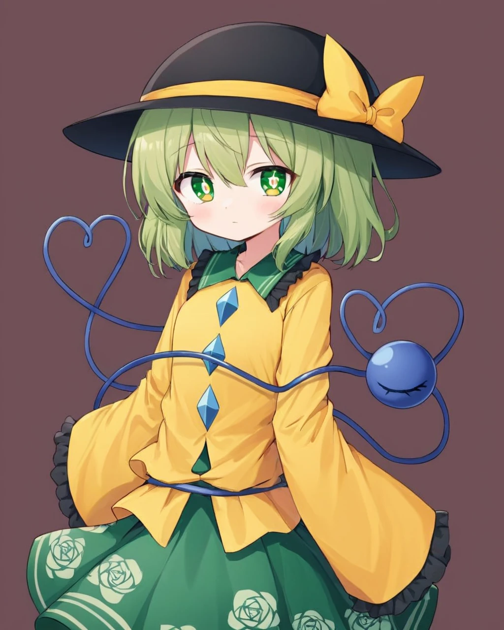 komeiji koishi,1girl, yellow_shirt, solo, heart_of_string, black_headwear, green_skirt, third_eye, rose_print, diamond_button, long_sleeves, spoken_question_mark, yellow_ribbon, frilled_sleeves, frilled_shirt_collar, simple_background, hat_ribbon, looking_at_viewer, sleeves_past_fingers, wide_sleeves, closed_mouth, collared_shirt, blouse, eyeball, kemonomimi_mode, brown_background
<lora:komeiji_koishi_image10724_2023-12-20-000004:1>,star-shaped_pupils,symbol-shaped_pupils,. gorgeous,key visual, vibrant, studio anime,award-winning, professional, highly detailed,high budget, cinemascope