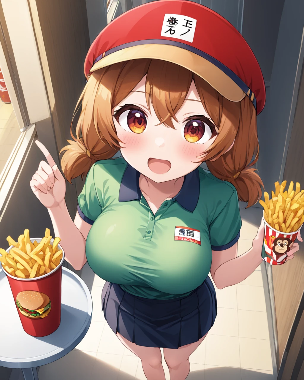 son biten,1girl, employee_uniform, solo, french_fries, tray, open_mouth, large_breasts, visor_cap, looking_at_viewer, monkey_tail, shirt, disposable_cup, blush, polo_shirt, red_headwear, short_sleeves, holding, name_tag, hat, brand_name_imitation, burger, from_above, black_skirt, :d
<lora:son_biten_image350_2023-12-20-000025:1>,star-shaped_pupils,symbol-shaped_pupils,. gorgeous,key visual, vibrant, studio anime,award-winning, professional, highly detailed,high budget, cinemascope