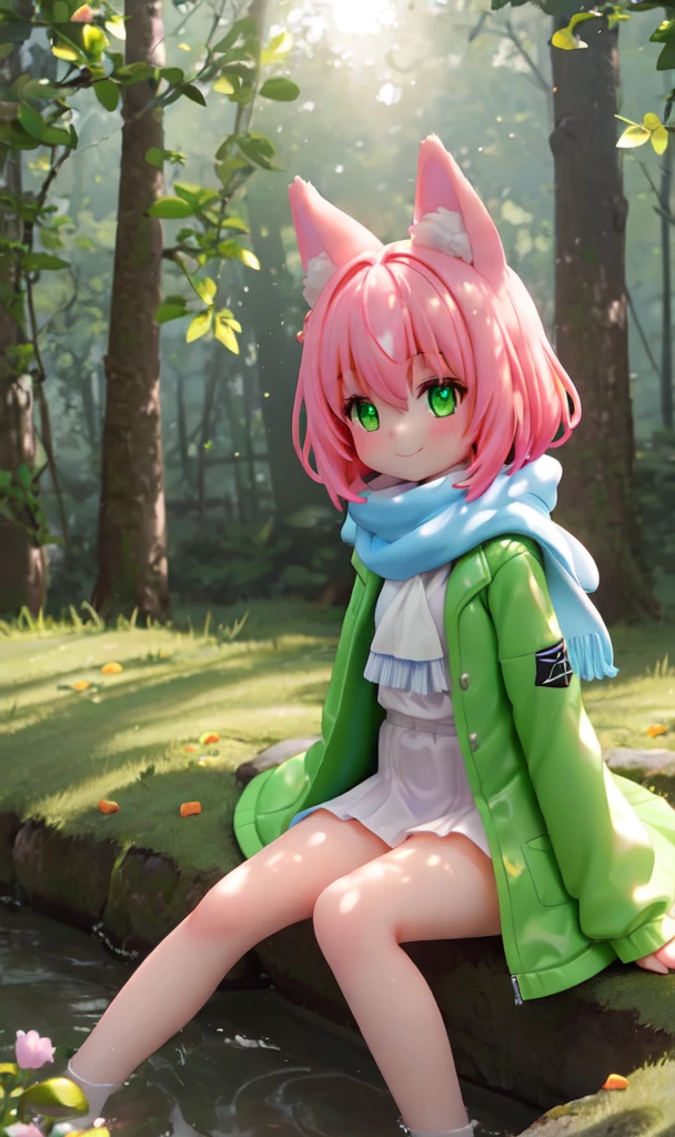 glowing, petite, 1girl, foxgirl, high detail, masterpiece, beautiful, glowing pink hair, glowing green eyes, smiling, happy, viewed from below, big eyes, spreading legs, sitting, knees, green coat, moody background, sunlight: 1.5, smooth skin, subsurface scattering, white shirt, bottomless, scarf, fluffy tail, crotch