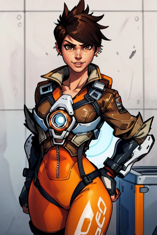masterpiece,best quality,extreme detail,8k,image sharpness,<lora:Tracer-10:0.8>,Tracer2,1girl,solo,looking at viewer,smile,short hair,bangs,brown hair,brown eyes,jacket,upper body,parted lips,artist name,blurry,lips,bodysuit,piercing,spiked hair,ear piercing,freckles,brown jacket,nose,leather,harness,leather jacket,chest harness,bomber jacket,orange goggles,full body,standing pose,