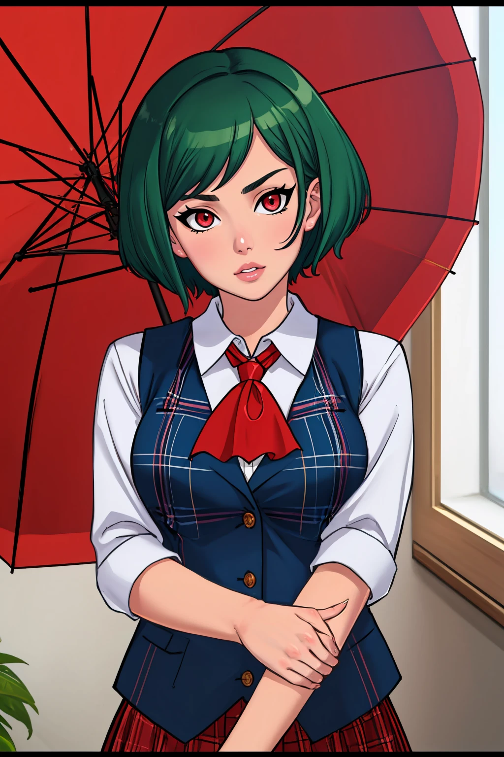 (masterpiece, best quality:1.2), <lora:sexnote:1>, sexnote, 1girl, solo, green hair, red eyes, vest, letterboxed, ascot, short hair, umbrella, plaid vest, upper body, plaid, shirt