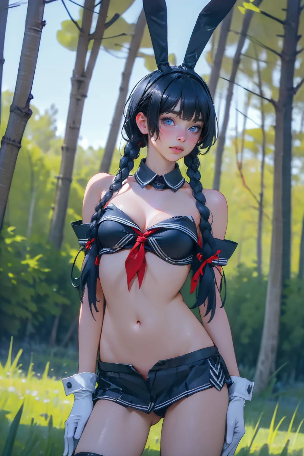 1girl,solo,cowboy shot,outdoors,<lora:GoodHands-æbeta2:1>,medium breasts,<lora:School Uniform Bunny Girl_v1:0.7>, ruanyi0002,rabbit ears,navel,, (8k, RAW photo, best quality, masterpiece:1.3),(realistic, photo-realistic:1.37),realistic skin texture,(photorealistic:1.3),(hyperrealistic:1.2), 1 cute girl,solo,( beautiful eyes:1.2),perfect face